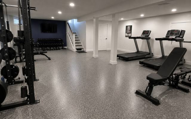 Flake epoxy floor in a basement home gym in Cambridge