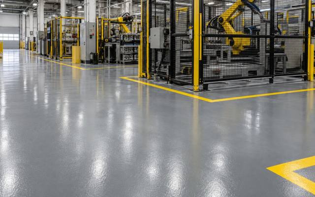 Yellow marked robot cell on an epoxy plant floor in Cambridge, Ontario