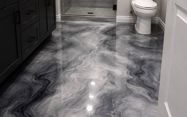 Grey marbled metallic epoxy floor in a bathroom in Cambridge