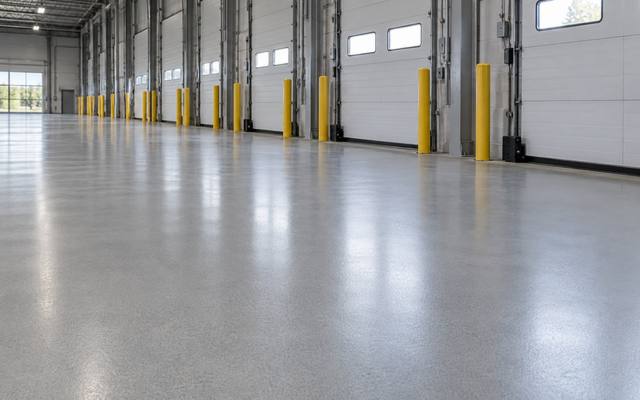 Epoxy floor along a dock corridor with yellow bollards in Cambridge