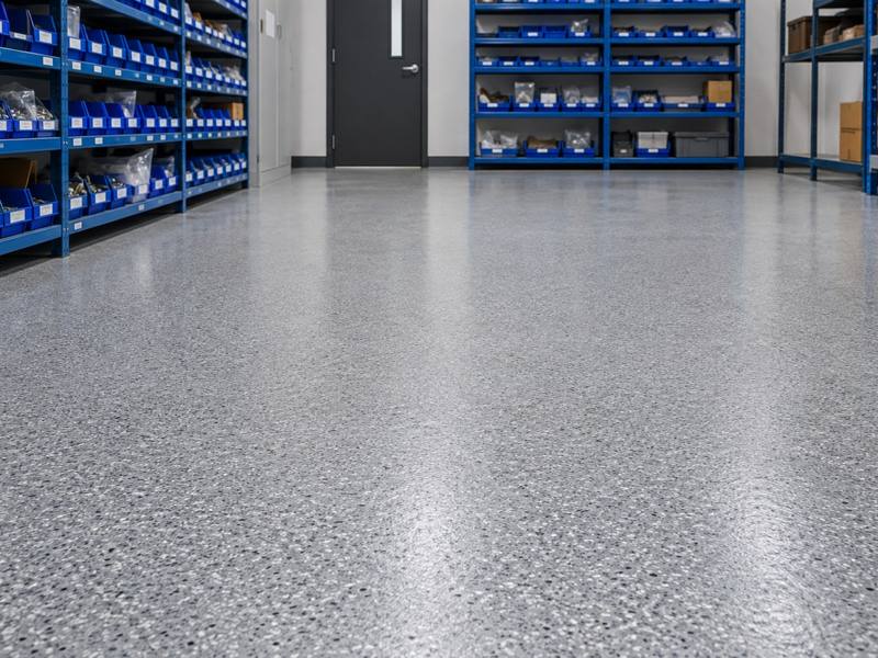 Flake epoxy floor in a parts inventory room in Waterloo Region